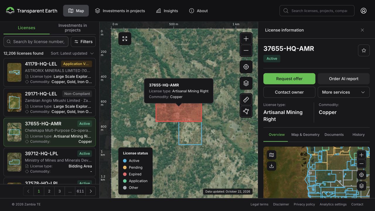 Transparent Earth Zambia portal showing an interactive license map and service request buttons