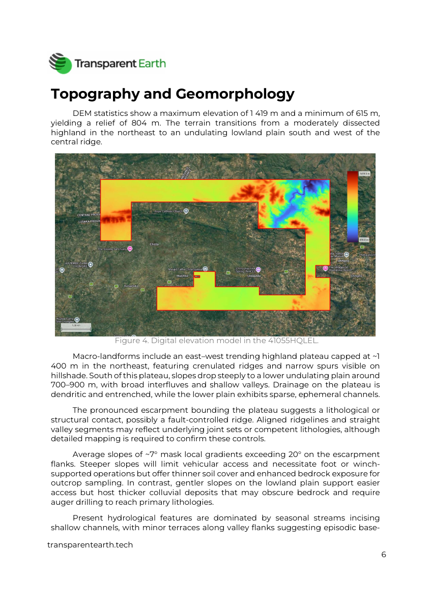 Sample report page showing topography and a map clipped to the license boundary